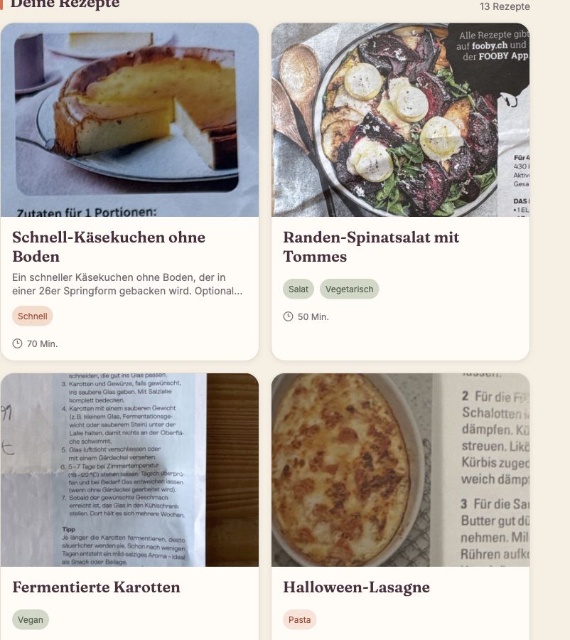 Kochalbum mit mehreren digitalisierten Rezepten, Vorschaubildern, Tags und Zubereitungszeiten.