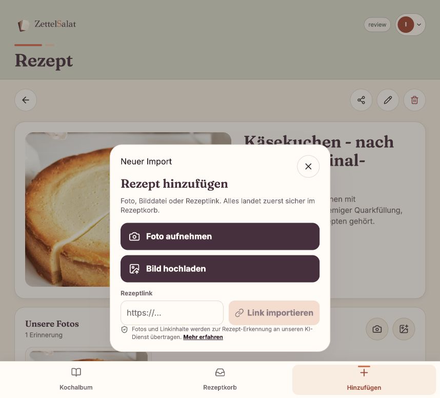 Dialog zum Hinzufügen eines Rezepts über Kamera, Bilddatei oder Weblink.