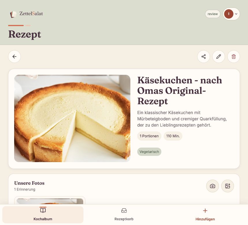 Detailansicht des Rezepts Käsekuchen nach Omas Original-Rezept mit Foto, Kurzbeschreibung, Portionszahl und Zubereitungszeit.